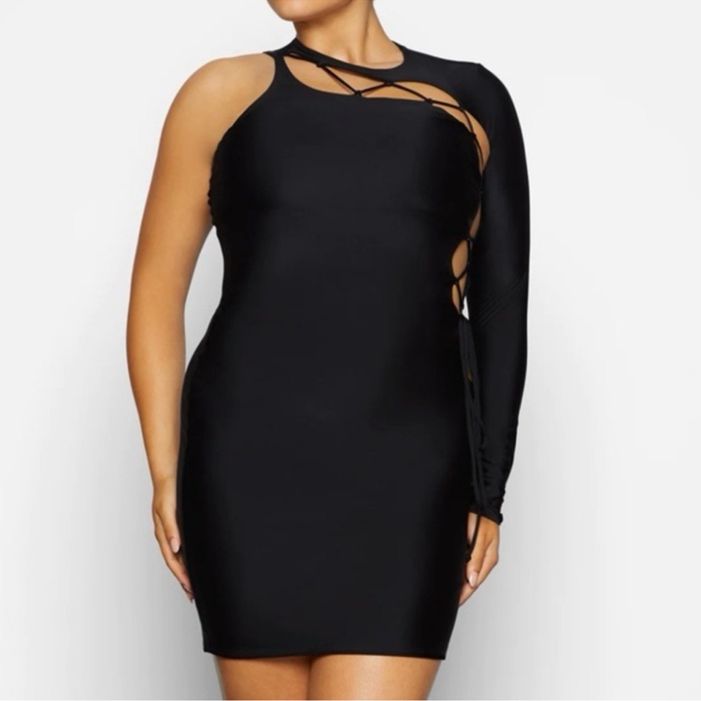 Skims Lace Up Mini Dress Women’s Black Onyx 1 Shoulder Bodycon Stretch Xxs Nwt
